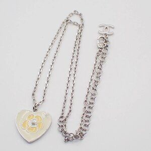 CHANEL CC Logo Heart Camellia Long Chain Pendant Necklace B21P Silver 80RL622